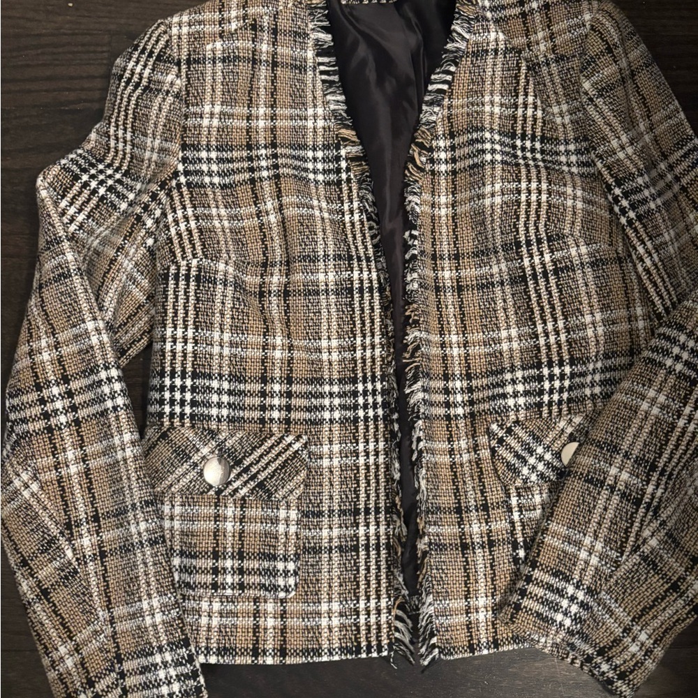 Suzy Shier Black & White Tweed Frayed-Edge Jacket